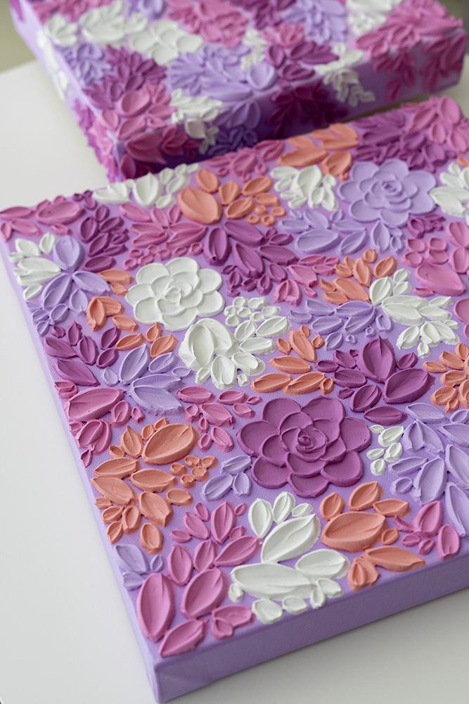 colorful pink and purple textured floral paintings diptych set of 2 canvases